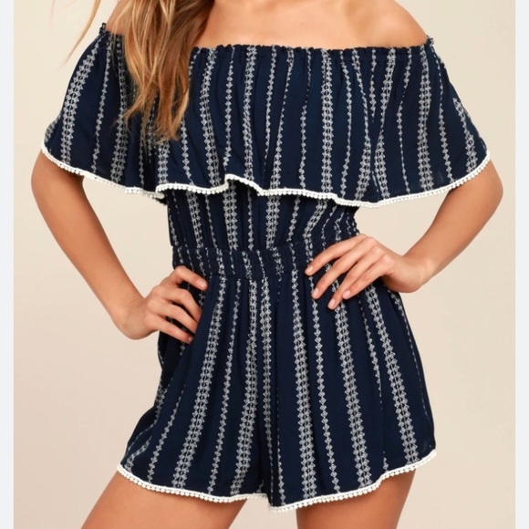 LULUS navy and white stripe boho off the shoulder romper - Picture 1 of 6